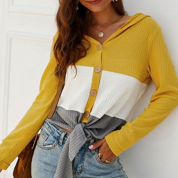 Yellow & Gray Colorblock Waffleknit Top - Picture 3 of 5